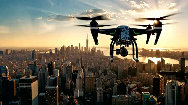 Drone soaring over New York City skyline at sunset