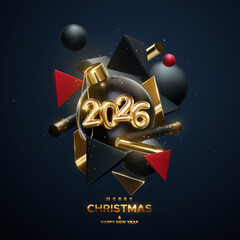 Merry Christmas and Happy New Year. Golden 2026 numbers with Christmas ball, flowing black, red and gold geometric 3d shapes. Vector holiday illustration. Winter festive poster or banner design