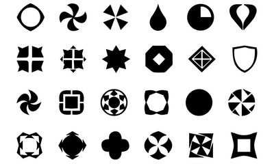 Geometric Abstract Black Logos and Icons Set, A collection of twenty-four distinct black abstract geometric shapes and icons, suitable for modern branding or design elements.

