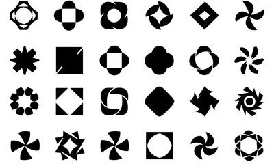 Geometric Abstract Black Logos and Icons Set, A collection of twenty-four distinct black abstract geometric shapes and icons, suitable for modern branding or design elements.

