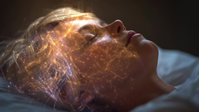Luminous golden energy field radiating around sleeping woman's head, representing deep meditative state, spiritual awakening, and connection with inner consciousness during tranquil night rest