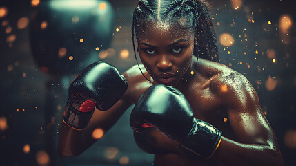 Determined female boxer with braided hair and boxing gloves is shadowboxing in gritty gym setting, surrounded by dramatic lighting and particles