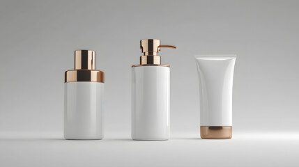 Elegant collection of three cosmetic products featuring pump bottle, cream jar, and tube with rose gold accents on neutral background