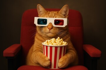 Adorable cat wearing 3D glasses sitting in red theater chair with popcorn enjoying movie entertainment experience