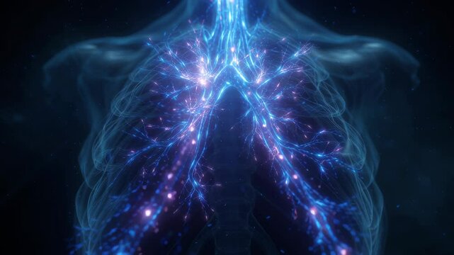 Glowing particles are flowing through the bronchi inside transparent lungs, creating a mesmerizing visualization of the human respiratory system