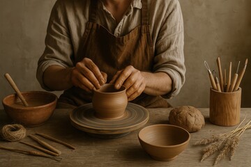Artisan potter creating handmade ceramic vessel on traditional spinning wheel with clay particles