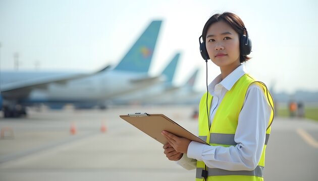 A female young ground crew technician at an airport