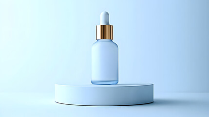 Frosted glass dropper bottle with gold cap is elegantly displayed on round platform against soft blue background, creating serene and minimalist aesthetic