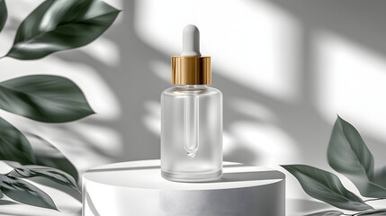 Frosted glass dropper bottle with gold cap is elegantly displayed on white pedestal, surrounded by green leaves and soft shadows, creating serene and natural ambiance