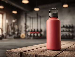 A red reusable water bottle sits on a wooden bench in a modern gym promoting hydration and fitness goals.
