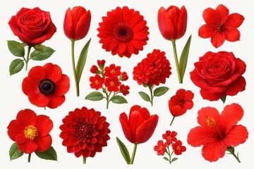 Obraz premium Beautiful red flower collection showcasing various blooms isolated on white background