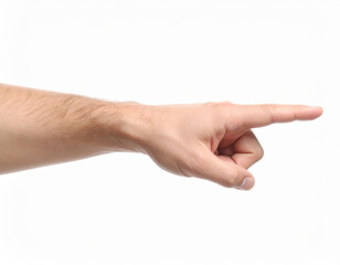 Close up of hand pointing with outstretched index finger against white background, conveying sense of direction or emphasis. image captures details of hand and gesture clearly