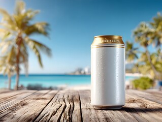A refreshing beverage can sits on a weathered wooden table overlooking a tropical beach with palm trees.