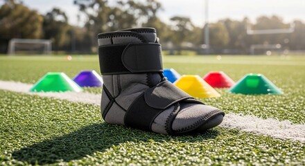 Protective walking boot for foot injuries on a vibrant athletic field background