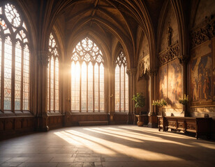 Sunlit chamber in old Gothic building features high arched windows casting warm light across stone floor, creating serene and inviting atmosphere