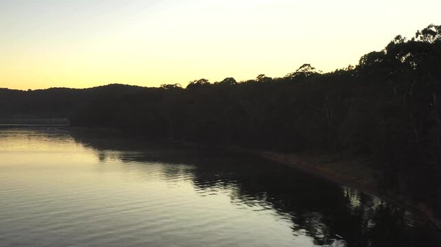 Gumtrees on Lake Macquarie shores in aerial sunrise landscape at Murrays beach, Australia.
