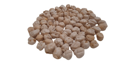 A close-up shot of a pile of scattered dried chickpeas isolated on a white background. The chickpeas are light beige in color, slightly wrinkled in texture, and have some minor imperfections. 