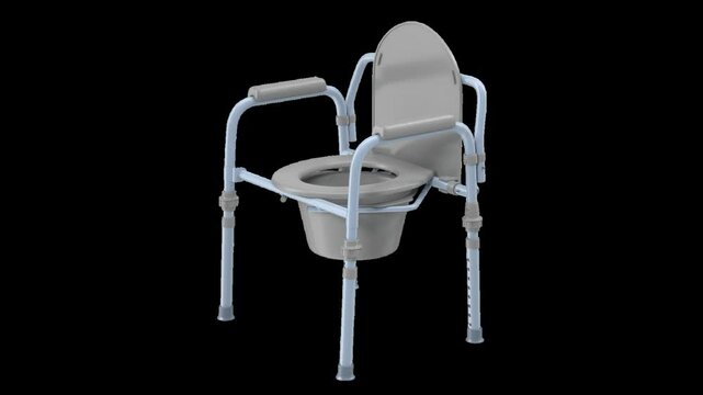 Portable bedside commode chair with adjustable height and armrests on transparent background