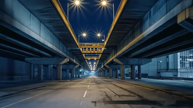 Symmetrical night view of an empty urban underpass lit by bright streetlights, emphasizing modern architecture and solitude