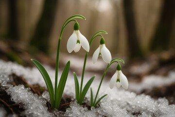 Early spring awakening with delicate snowdrop flowers emerging through melting snow in woodland setting