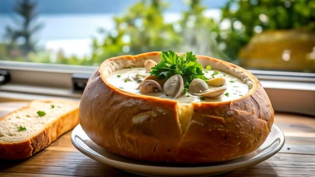 Creamy clam chowder served inside a bread bowl near a window in the morning