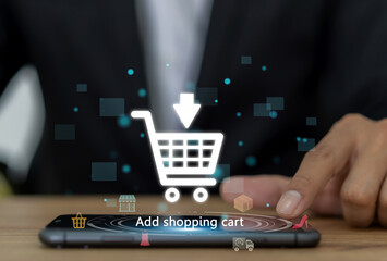 E-commerce concept with add to cart, online shopping with smartphone and laptop, digital marketing...