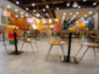 Blurred image of a brightly lit fast food restaurant. Restaurant chairs and tables for background.
