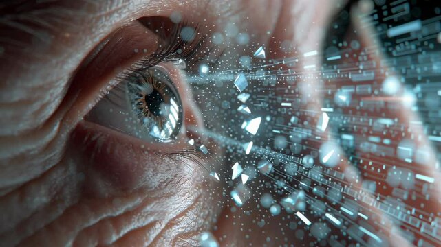 Digital data stream flowing through senior woman's eye, visualizing technological knowledge integration and futuristic vision of innovative information processing - Powered by Adobe