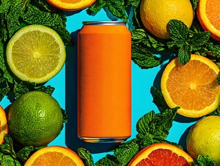 An orange soda can is surrounded by citrus fruits and mint leaves on a vibrant turquoise background scene.