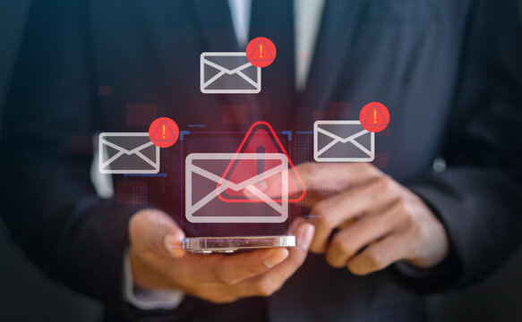 Email warning alerts about phishing threats, email spam and virus attachments on smartphone, cybersecurity awareness, SaaS protection, security solutions and data privacy for safe online communication