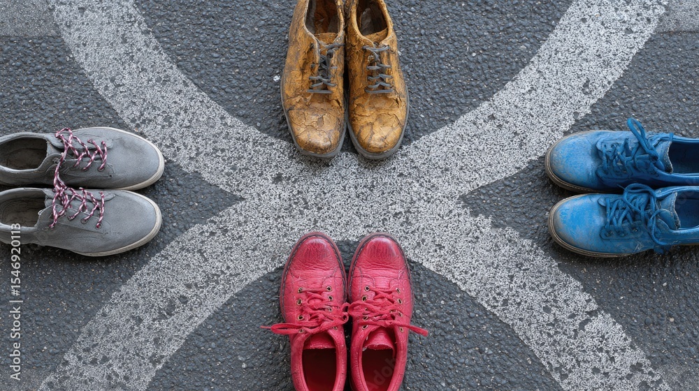 Poster shoes at a three-way intersection, each path representing a unique journey ahead
