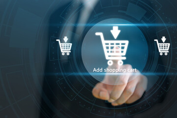 E-commerce concept with add to cart, online shopping with smartphone and laptop, digital marketing...