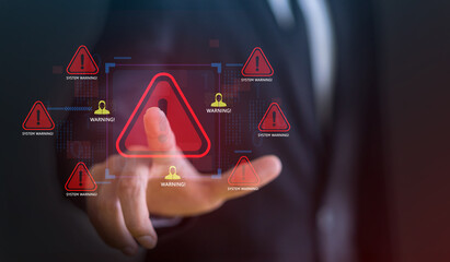 Cybersecurity threat and system warning with people, alert for malware, hacker attacks, data breach...