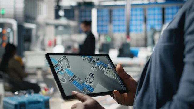 Solar power technician reviewing data on tablet in photovoltaics factory, inspecting manufacturing plant performance and production line for solar innovation. Alternative energy. Camera B. - Powered by Adobe