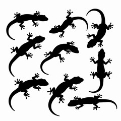 Gecko silhouettes in various poses on white