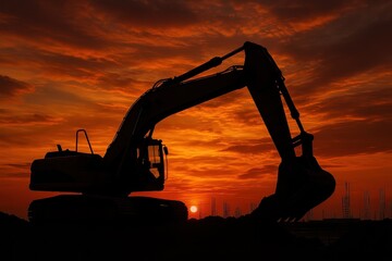 Heavy machinery excavator operating at construction site during golden sunset