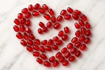 Obraz premium Fresh organic pomegranate seeds arranged artistically on marble surface with natural lighting