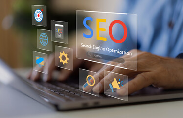 Human with search engine optimization, SEO networking concept, searching browsing Internet data...