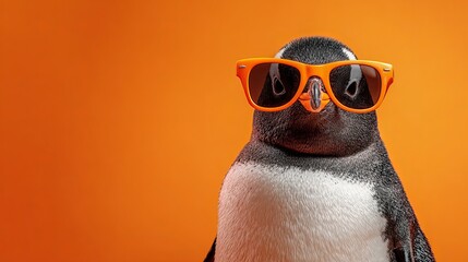 Cool Penguin Wearing Orange Sunglasses on Orange Background Summer Fun Animal Wildlife Photography Image art web bird cute icon logo beach ocean happy media print flyer nature     
