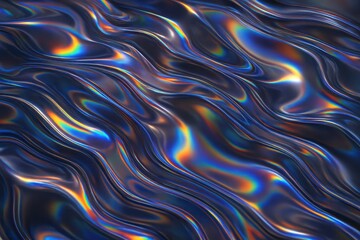 Iridescent liquid metal surface creating dynamic reflections with rainbow spectrum effects