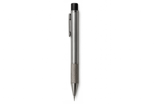 Silver mechanical pencil resting vertically on transparent surface, emphasizing sleek engineering and refined drafting tool characteristics