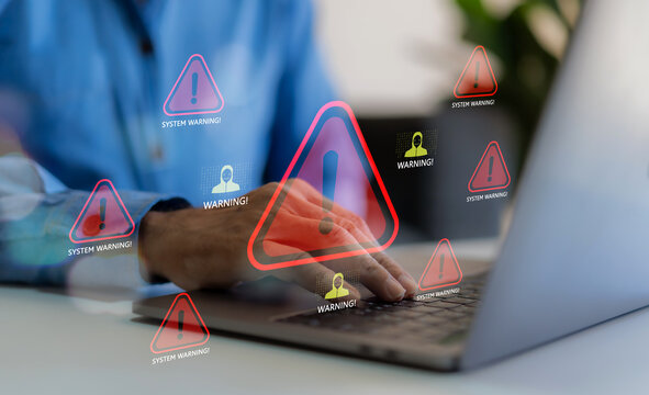 Cybersecurity threat and system warning over laptop, alert for malware, hacker attacks, data breach prevention, antivirus and firewall protection in digital security systems and IT infrastructure - Powered by Adobe