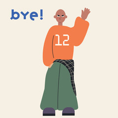 Waving character in bright clothes. Cheerful and warm goodbye vibe.