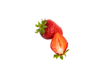 Whole and half strawberry – PNG, front view, isolated on transparent background