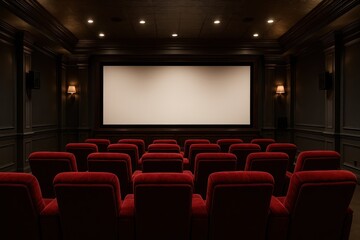 Fototapeta premium Luxurious private cinema with plush red velvet seating and massive blank screen for entertainment presentation
