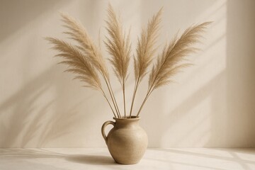 Minimalist dried pampas grass arrangement in ceramic vase against soft beige textured wall