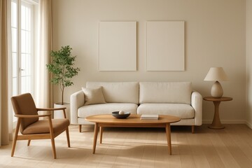 Fototapeta premium Minimalist interior design showcase with empty frame mockups and neutral color palette