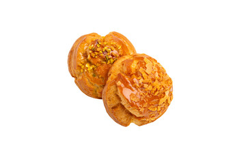 Two caramel choux puffs – PNG, top view, isolated on transparent background
