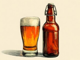 A refreshing glass of golden beer sits beside a brown bottle with metal clasp on an off white background.
