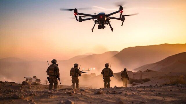 Drones and Military Personnel in Action Under Desert Sky At Sunset
